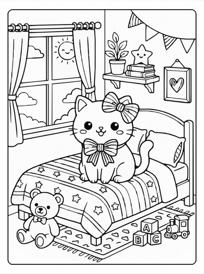 Free printable Kawaii Cat Bedroom Coloring Page – Cozy Room A4 Printable coloring page