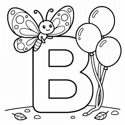 Free printable Letter B Coloring Page – Butterfly and Balloon Alphabet Printable for Kids coloring page