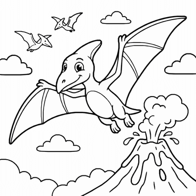 Free printable Pterodactyl Coloring Page – Flying Dinosaur Volcano Printable for Kids coloring page