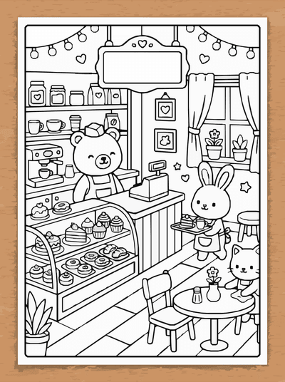 Free printable Kawaii Friends Café Coloring Page – Cute Dessert Shop A4 coloring page