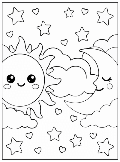 Free printable Kawaii Sun and Moon Coloring Page – Cute Day and Night A4 coloring page