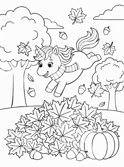Free printable Unicorn Autumn Coloring Page – Falling Leaves Printable coloring page