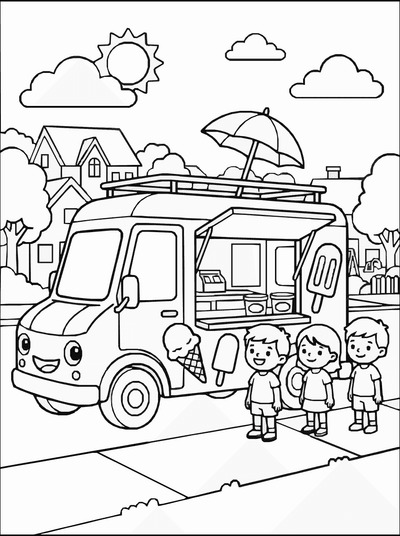 Free printable Ice Cream Truck Coloring Page – Summer Street Scene Printable coloring page