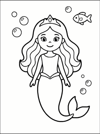 Free printable Mermaid Princess Coloring Page – Simple Ocean Princess A4 coloring page