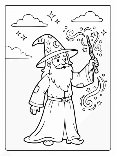 Free printable Cartoon Wizard Coloring Page – Magic Character A4 Printable coloring page