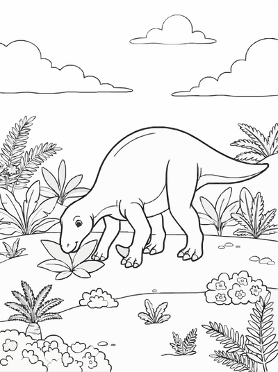 Free printable Iguanodon Coloring Page – Prehistoric Meadow Scene Printable for Kids coloring page