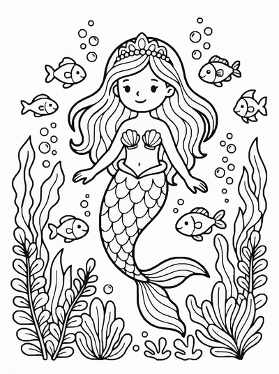 Free printable Mermaid Princess Coloring Page – Ocean Fantasy A4 Printable coloring page