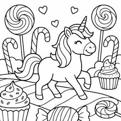 Free printable Unicorn Coloring Page – Sweet Candy Land Printable coloring page