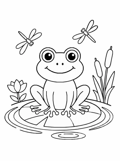 Free printable Frog Coloring Page – Lily Pad Pond Scene Printable coloring page