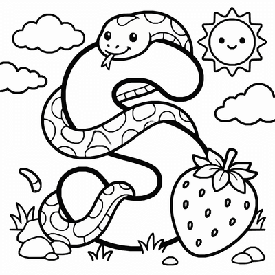 Free printable Letter S Coloring Page – Snake and Strawberry Alphabet Printable for Kids coloring page