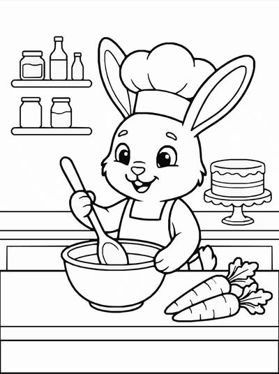 Free printable Bunny Chef Coloring Page – Carrot Cake Baking Printable coloring page