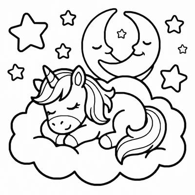 Free printable Unicorn Coloring Page – Starry Night Sleep Printable coloring page
