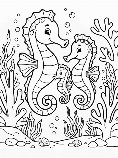 Free printable Seahorse Family Coloring Page – Coral Garden Scene Printable coloring page