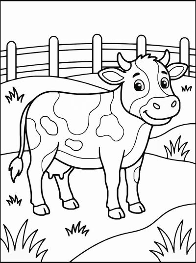 Free printable Friendly Cow Coloring Page – Farm Scene Printable coloring page