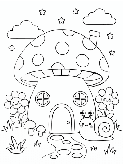 Free printable Kawaii Mushroom House Coloring Page – Cute Forest Cottage A4 coloring page